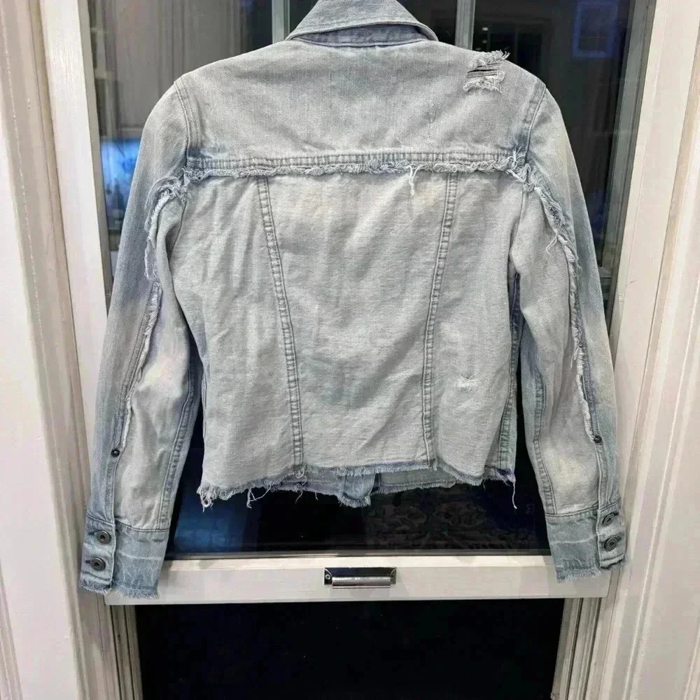 Pistola Women's Blue Denim Jacket Light Wash Distressed Raw Hem Cropped Size XS - Picture 2 of 8